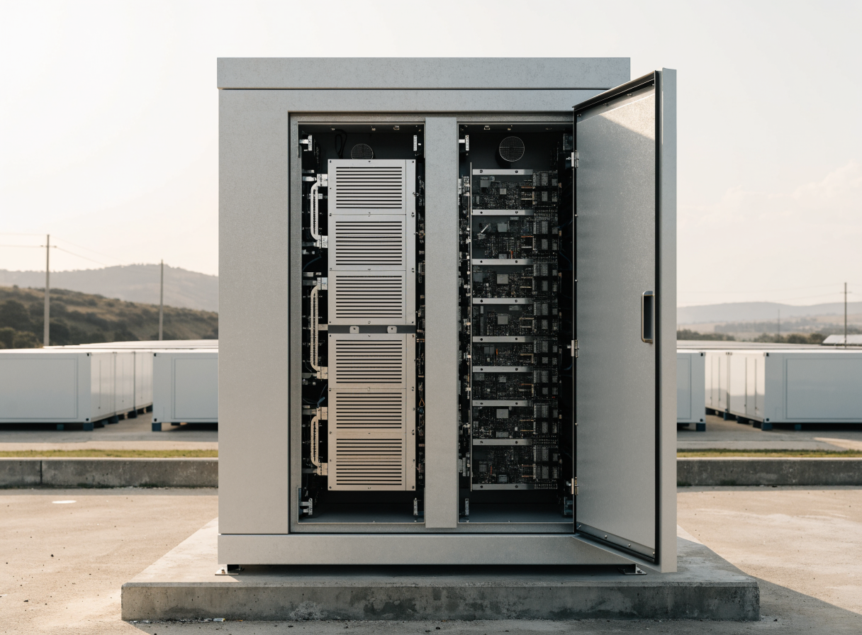 Illustrative power-conversion and inverter enclosure at an energy storage site