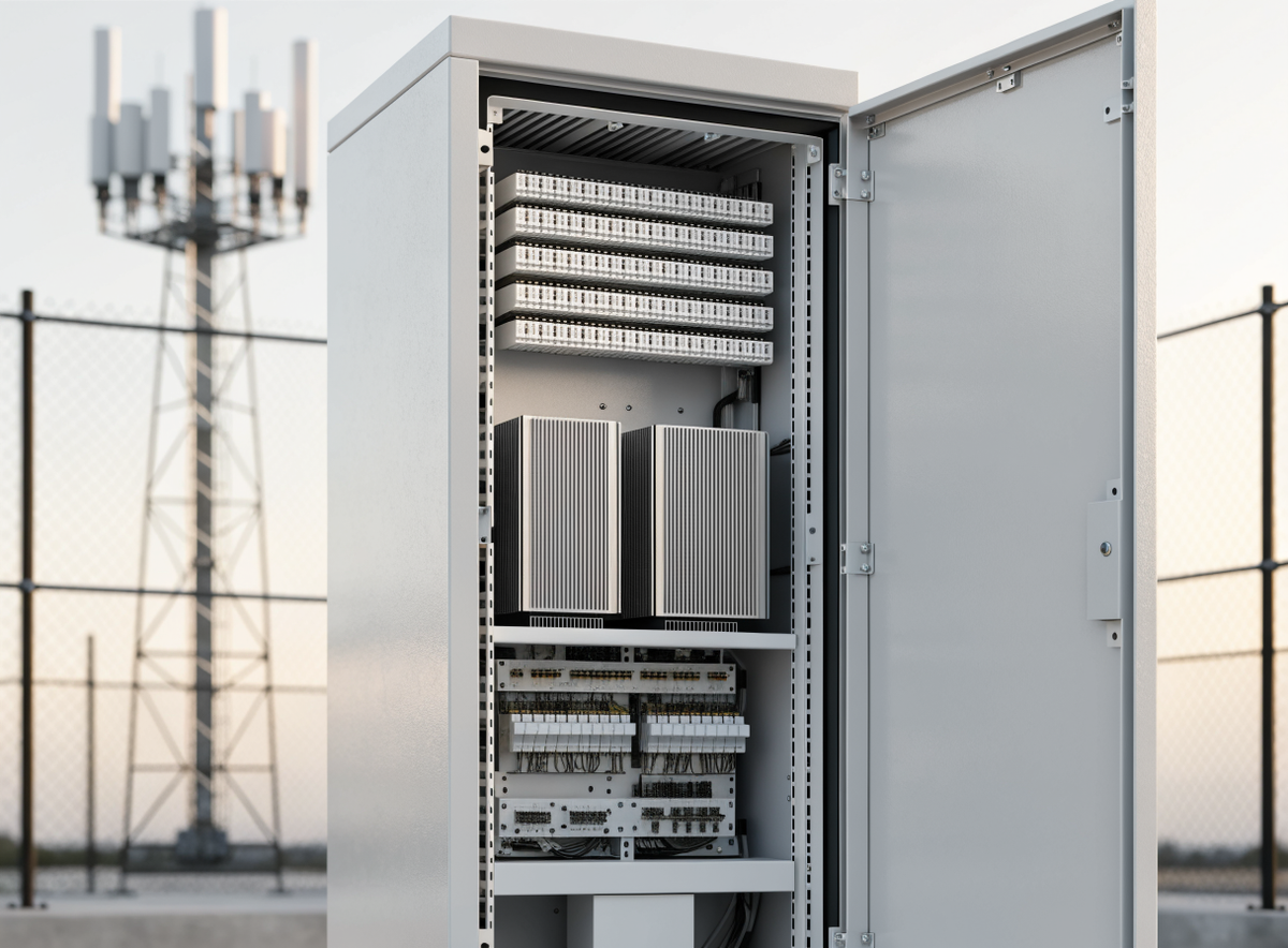 Illustrative telecom DC power and equipment cabinet
