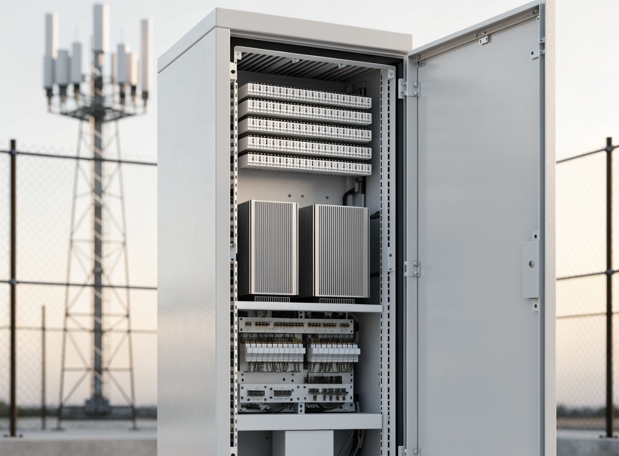 Illustrative telecom DC power and equipment cabinet