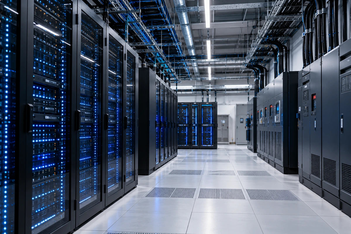 Server racks and electrical cabinets along a data center aisle