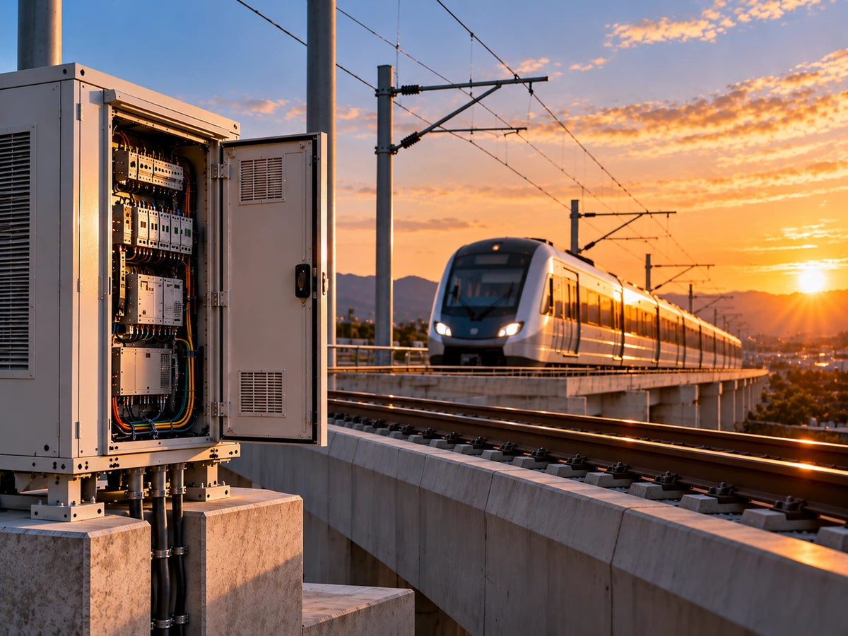 Trackside electrical control cabinet beside a passenger train and overhead lines