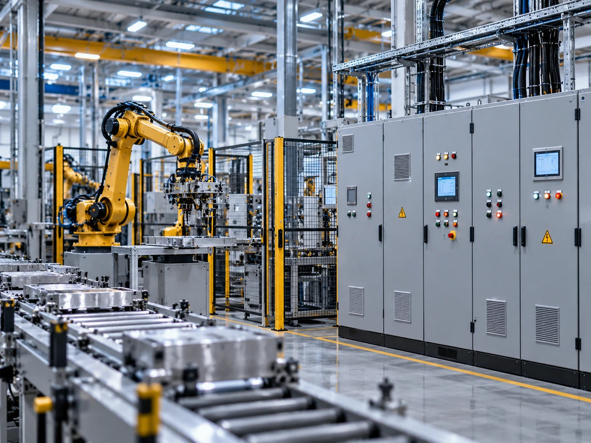 Robotic production line beside industrial electrical control cabinets