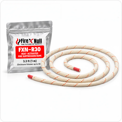 FXN-R30 heat-activated fire suppression rope, 3.3 ft (1 m), shown with its sealed pouch