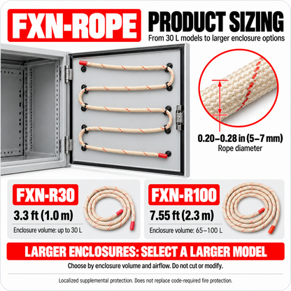 FXN Rope sizing: 0.20-0.28 in (5-7 mm) diameter; FXN-R30 3.3 ft for enclosures up to 30 L; FXN-R100 7.55 ft for 65-100 L