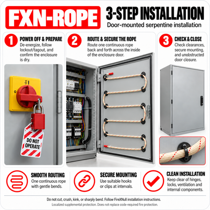 FXN Rope 3-step installation: power off and lock out, route and secure the rope with clips, check clearances and close the enclosure