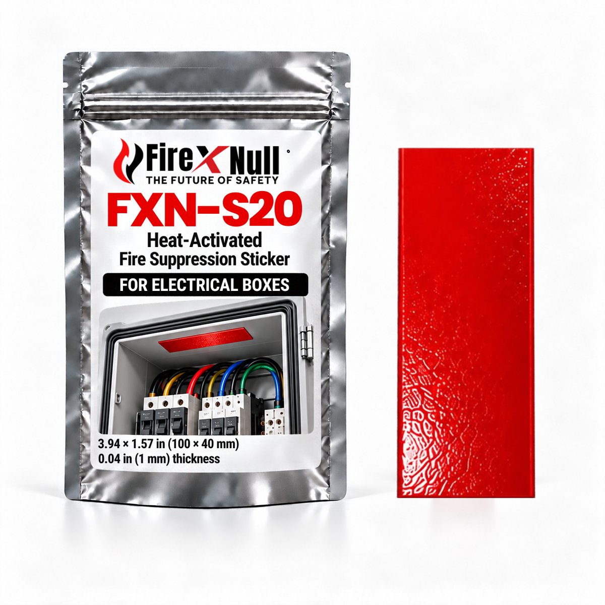 FXN-S20 heat-activated fire suppression sticker for electrical boxes, 3.94 x 1.57 in, shown with its sealed pouch
