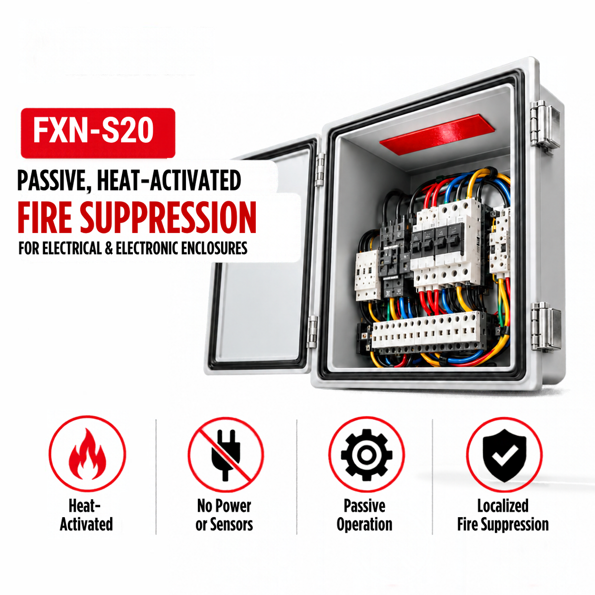 FXN-S20 mounted on the ceiling of an electrical enclosure: passive, heat-activated localized fire suppression with no power or sensors