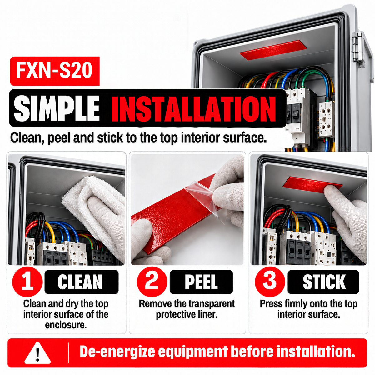 FXN-S20 installation: clean the top interior surface, peel the liner, press the sticker firmly in place