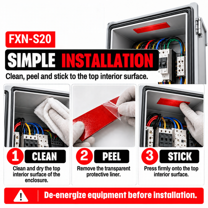 FXN-S20 installation: clean the top interior surface, peel the liner, press the sticker firmly in place