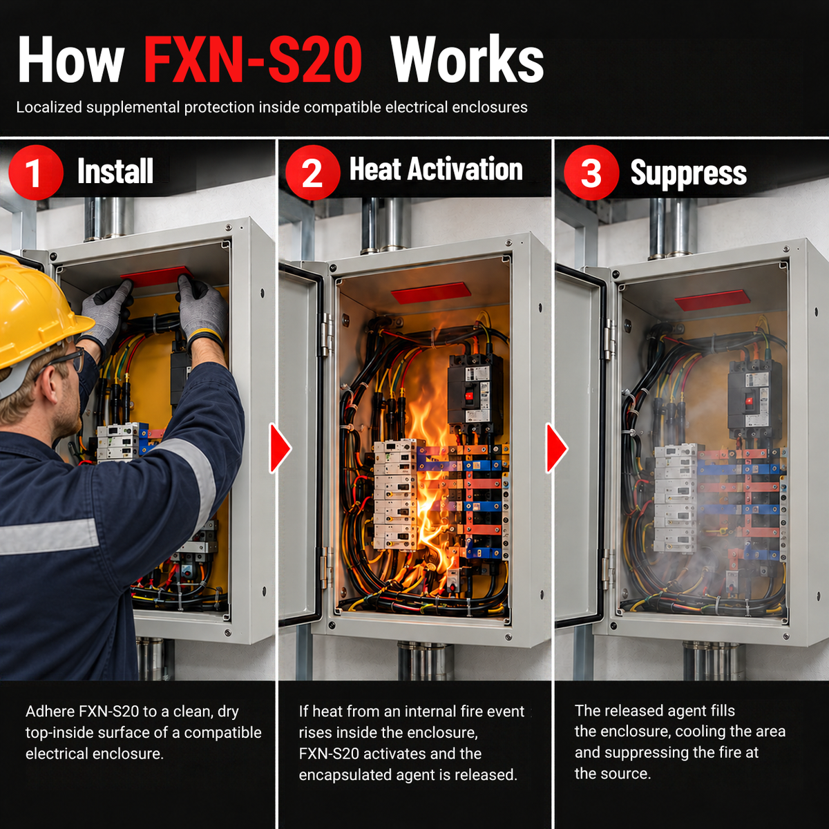 Illustration of how FXN-S20 works: installed on the enclosure ceiling, activated by heat, releasing clean agent inside the enclosure