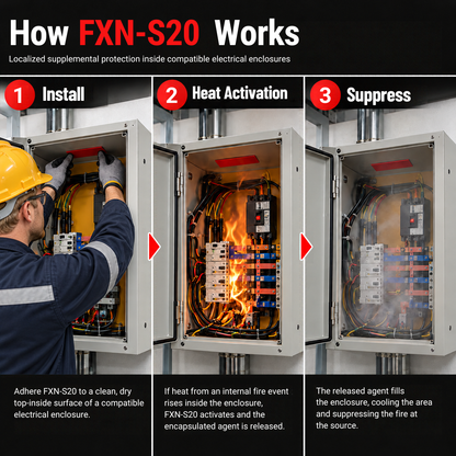 Illustration of how FXN-S20 works: installed on the enclosure ceiling, activated by heat, releasing clean agent inside the enclosure