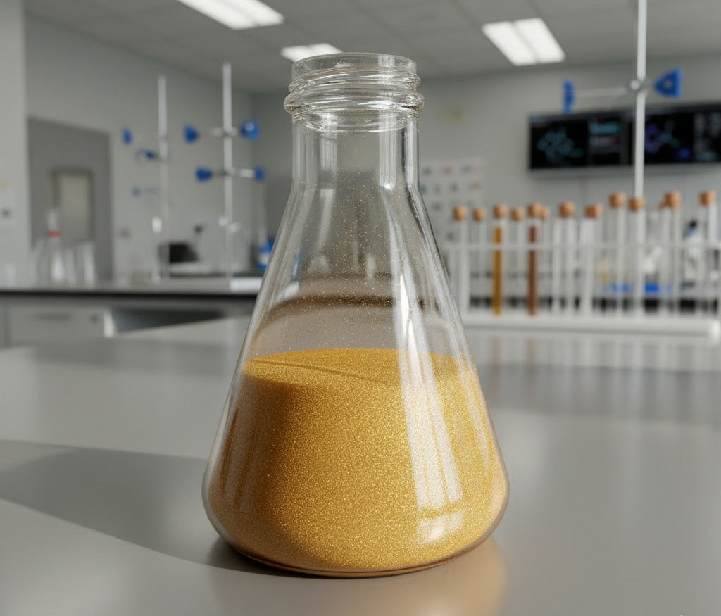 Clear glass beaker with yellow powder on a laboratory counter