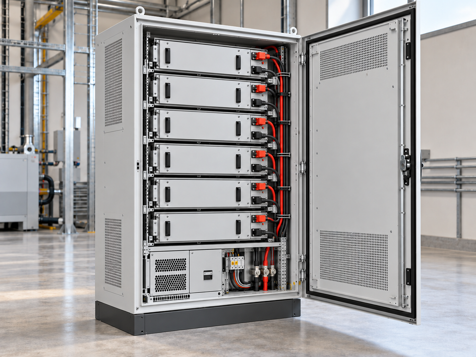 Illustration of an open electrical storage cabinet with enclosed modules.