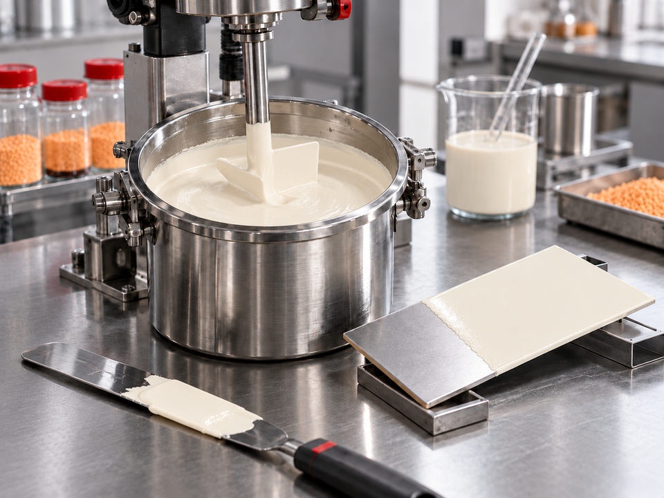 Illustration of creamy white coating and light orange microcapsule additive powder.