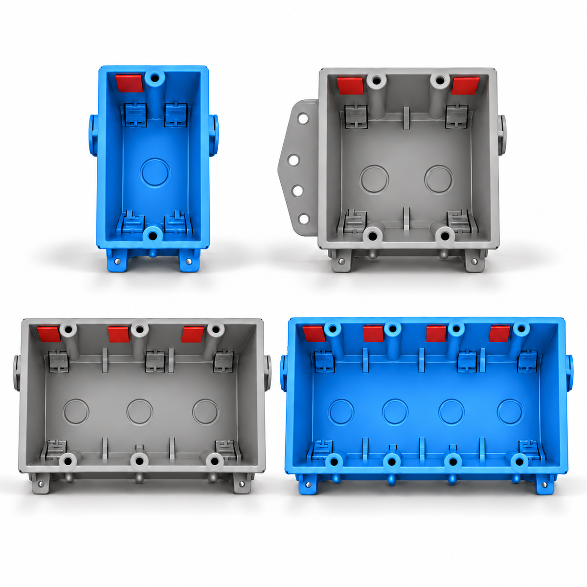 One-, two-, three- and four-gang electrical boxes with one red FXN-S1 sticker per gang.