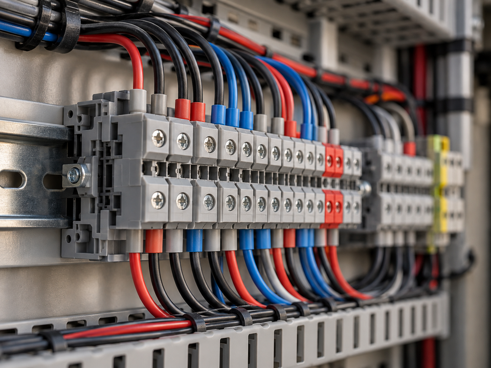 Illustration of electrical terminal blocks and organized wire connections.