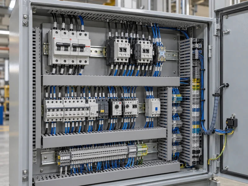 Illustrative industrial electrical control cabinet with breakers, contactors, terminal blocks and wiring