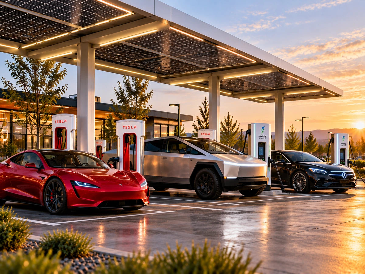 Electric vehicles at a charging station beneath a solar canopy