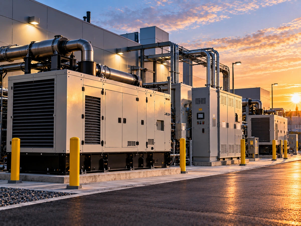 Industrial generators and electrical control cabinets beside a facility