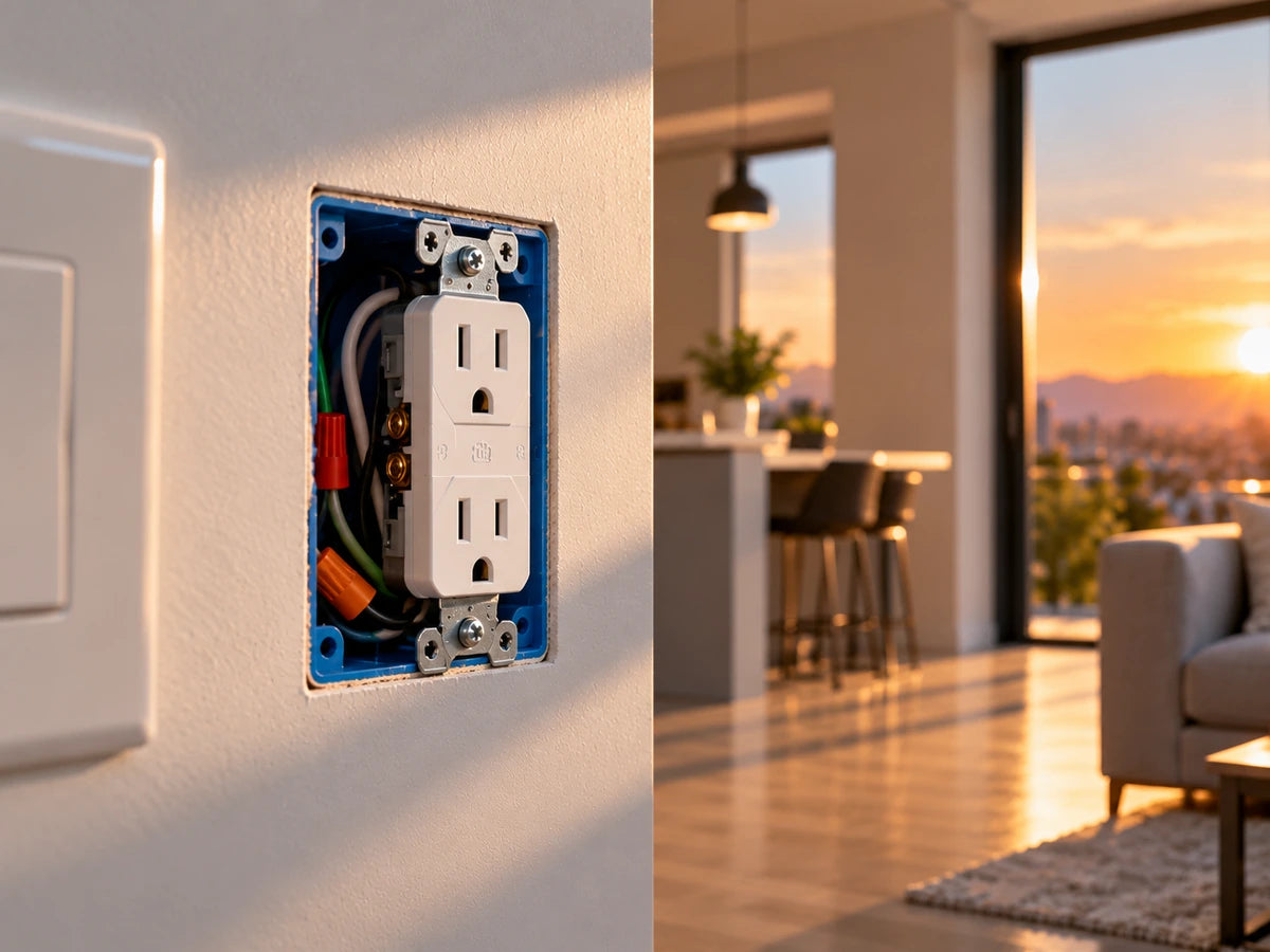 Recessed blue electrical box with a duplex outlet and visible wiring