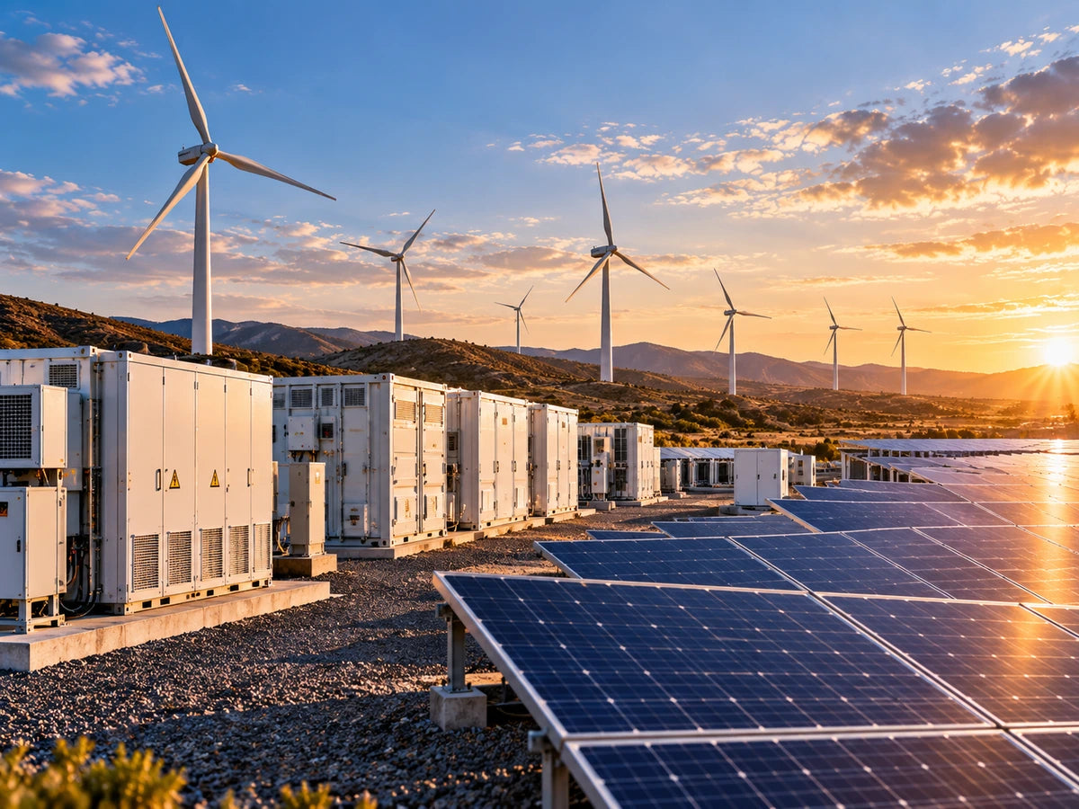Solar panels, wind turbines and electrical cabinets at a renewable energy site