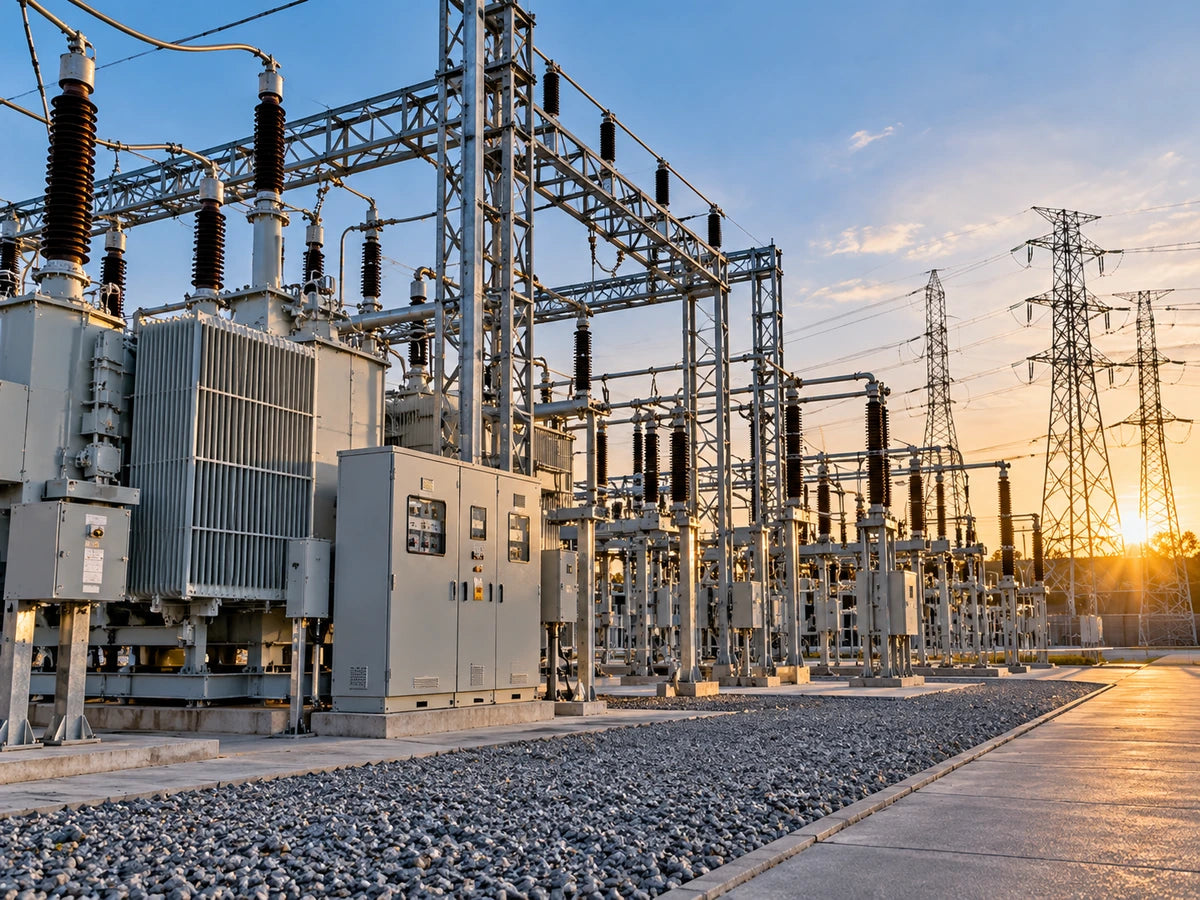 Electrical substation with transformers, control cabinets and transmission towers